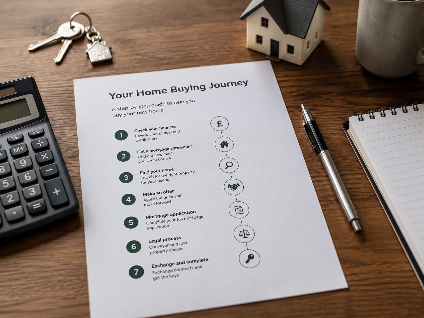 A home buying journey guide beside a calculator, keys and notebook